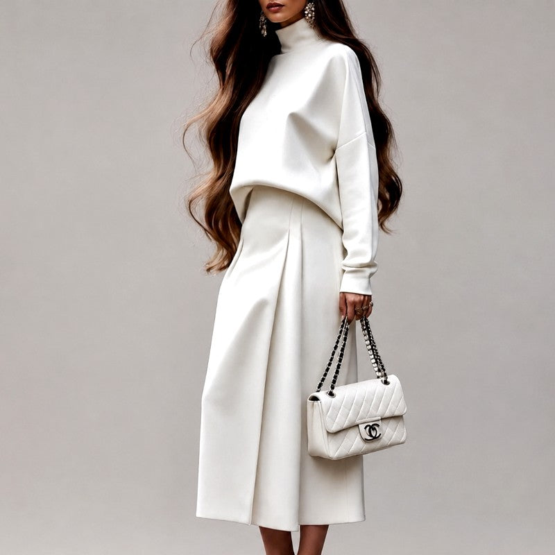 Lauren - Women's High-Neck Top & A-Line Midi Skirt Fall Set