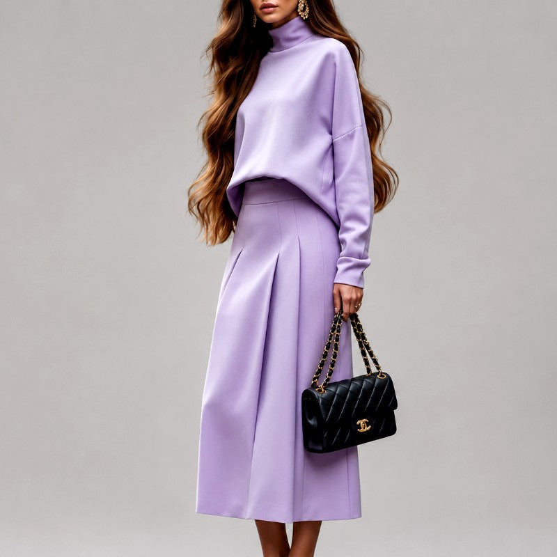 Lauren - Women's High-Neck Top & A-Line Midi Skirt Fall Set
