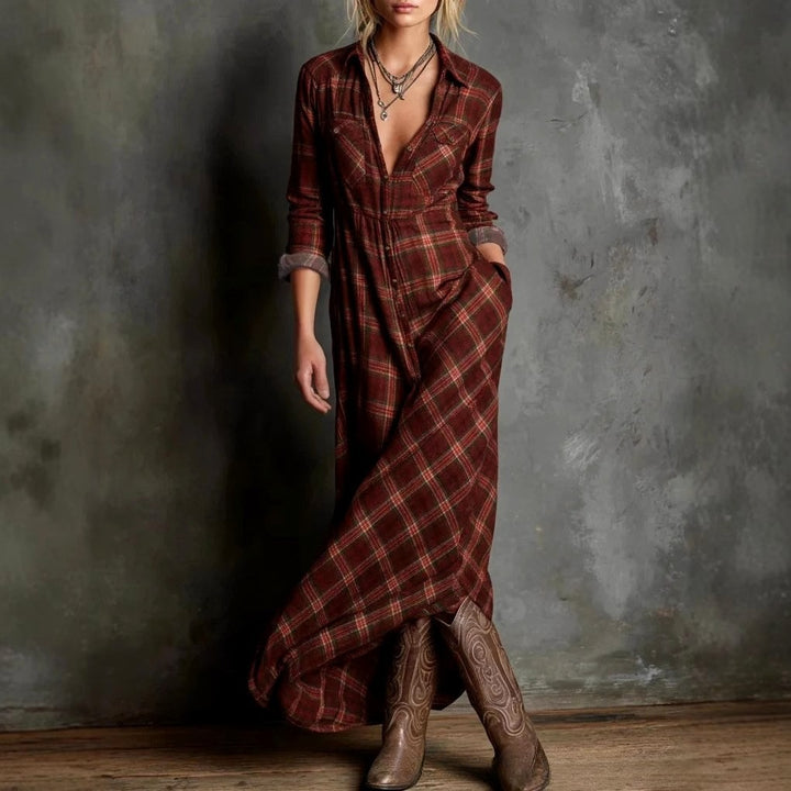 Lexi - Women's Plaid V-Neck Button Down Maxi Dress