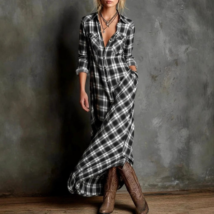 Lexi - Women's Plaid V-Neck Button Down Maxi Dress