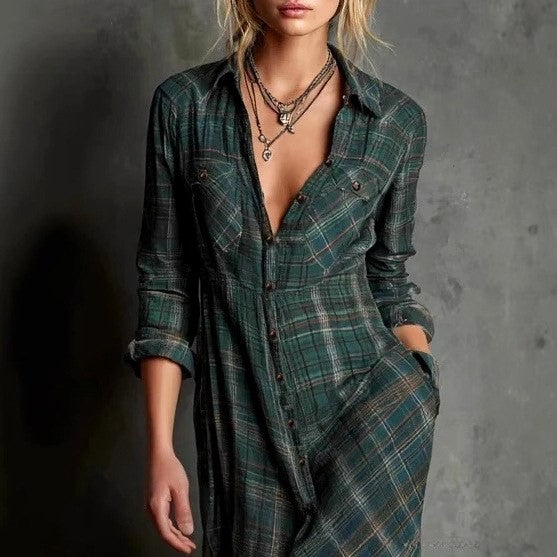 Lexi - Women's Plaid V-Neck Button Down Maxi Dress