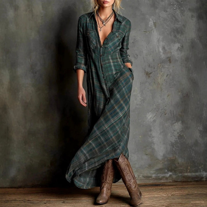 Lexi - Women's Plaid V-Neck Button Down Maxi Dress