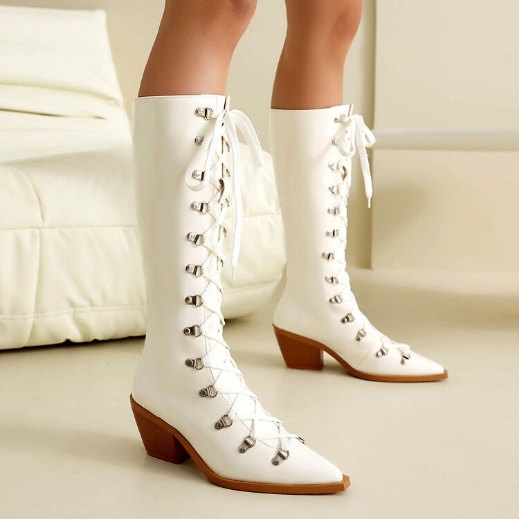 Leylani - Women’s Knee High Lace Up Block Heel Boots 7