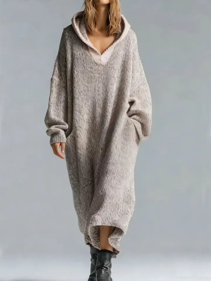 Liora - Women's Ribbed Hooded Maxi Sweater Dress