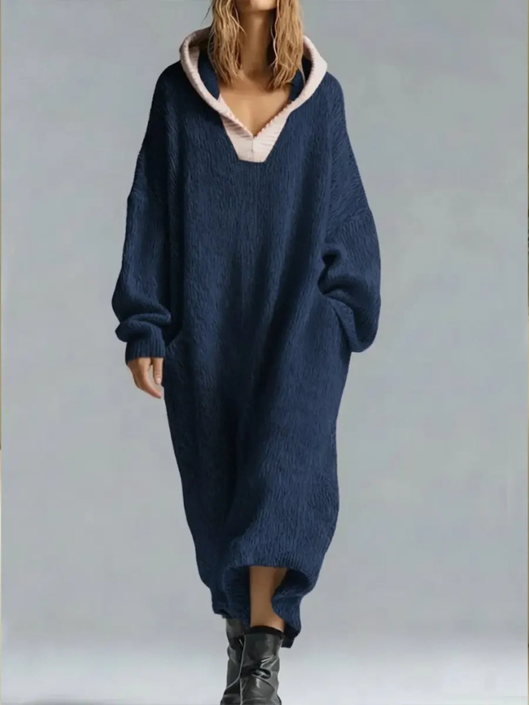 Liora - Women's Ribbed Hooded Maxi Sweater Dress