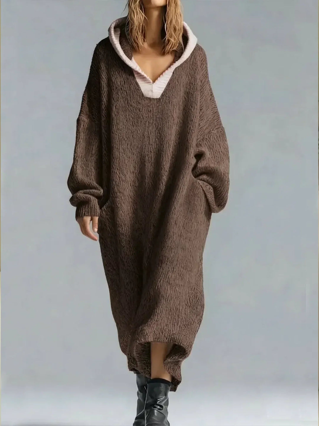 Liora - Women's Ribbed Hooded Maxi Sweater Dress