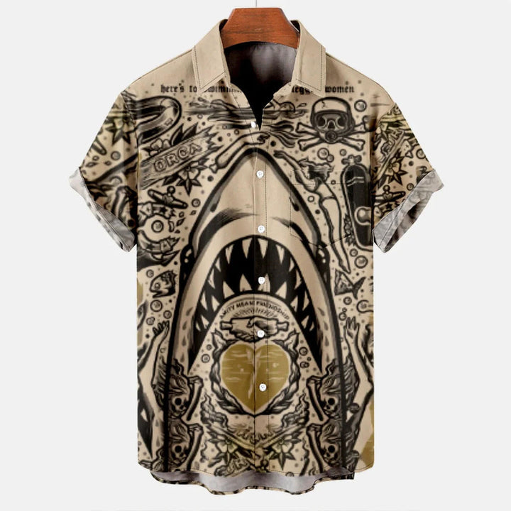 Louis Morel Bold Shark Art Button-Down Shirt