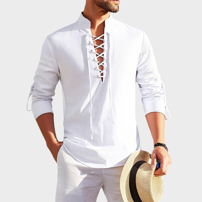 Louis Morel Lace-Up Neck Cotton Shirt