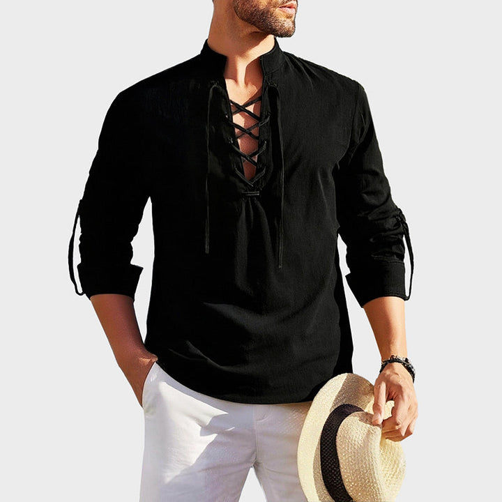Louis Morel Lace-Up Neck Cotton Shirt