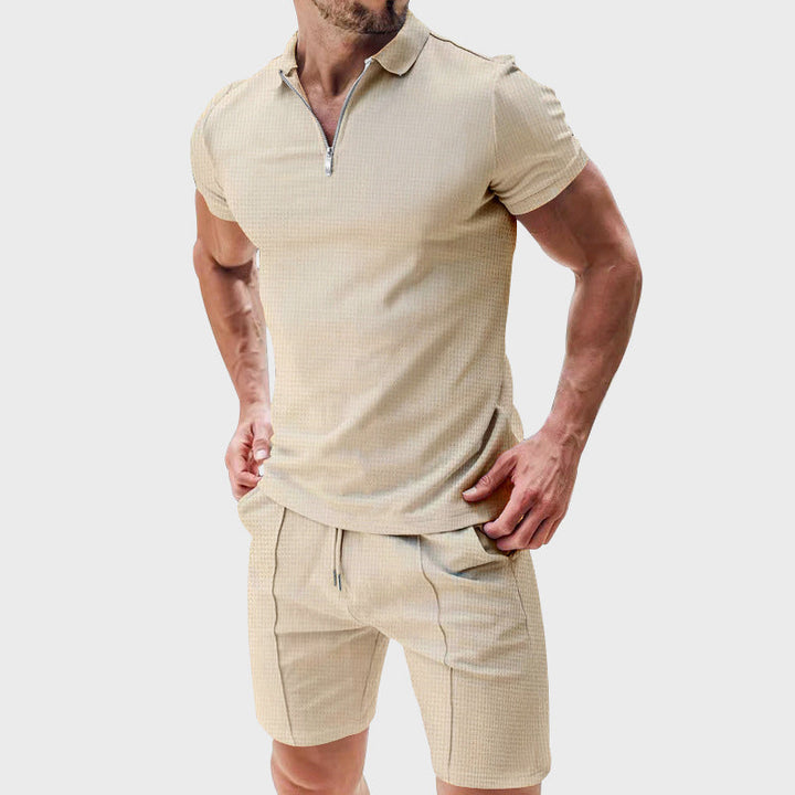 Louis Morel Ribbed Half-Zip Polo and Shorts Set