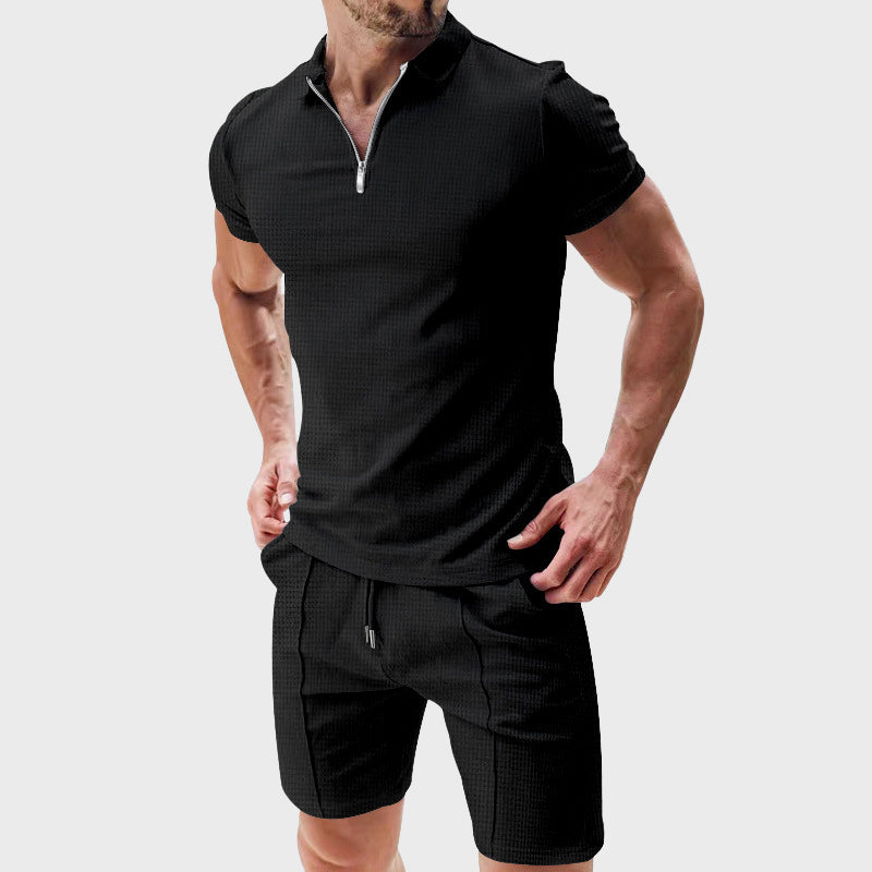 Louis Morel Ribbed Half-Zip Polo and Shorts Set