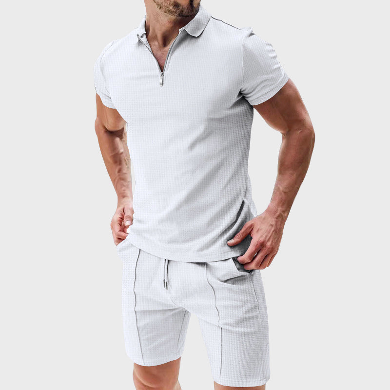 Louis Morel Ribbed Half-Zip Polo and Shorts Set
