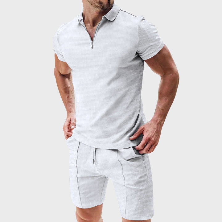 Louis Morel Ribbed Half-Zip Polo and Shorts Set