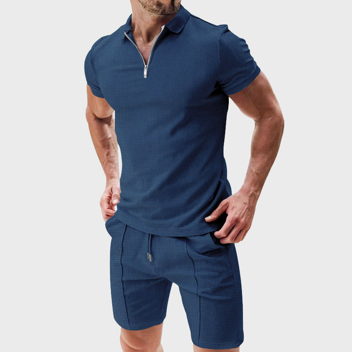Louis Morel Ribbed Half-Zip Polo and Shorts Set