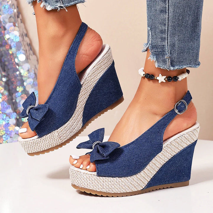 Luciana - Women’s Denim Bow Wedge Sandals