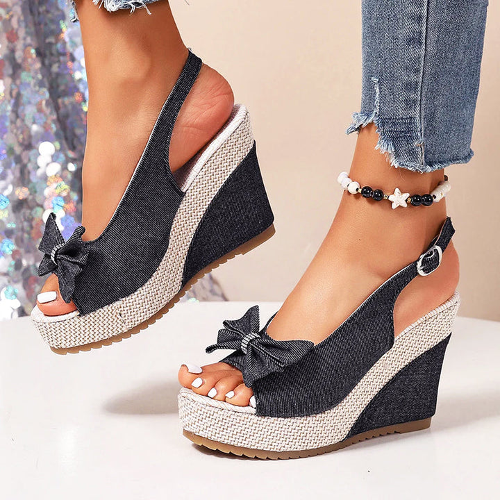 Luciana - Women’s Denim Bow Wedge Sandals