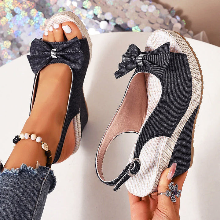 Luciana - Women’s Denim Bow Wedge Sandals