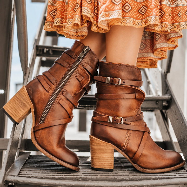Maddie - Women’s Ankle Buckle Strap Block Heel Boots