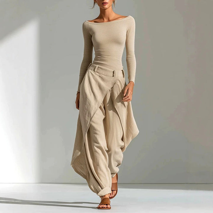 Maren - Women's Ribbed Boat Neck Top & Draped Pants Set