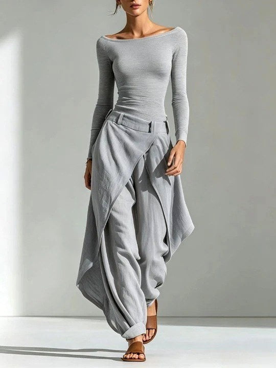 Maren - Women's Ribbed Boat Neck Top & Draped Pants Set
