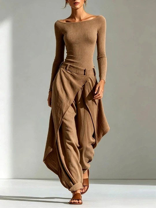 Maren - Women's Ribbed Boat Neck Top & Draped Pants Set