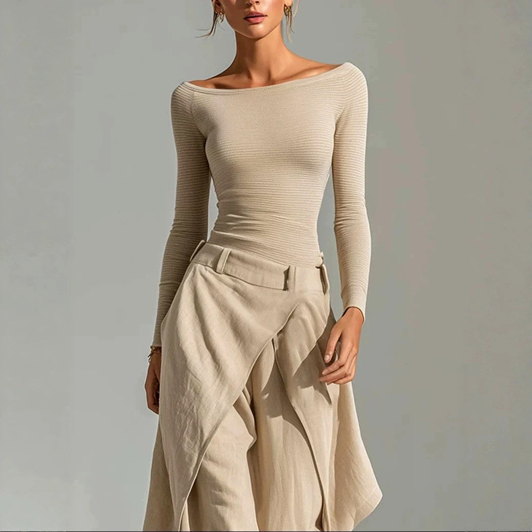 Maren - Women's Ribbed Boat Neck Top & Draped Pants Set