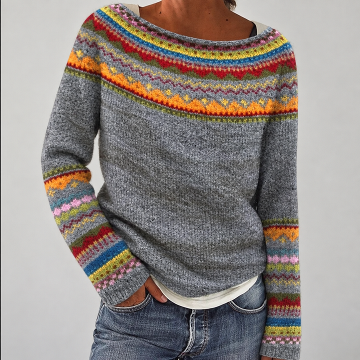 Marga - Women's Fair Isle Pullover Sweater with Colorblock Sleeves
