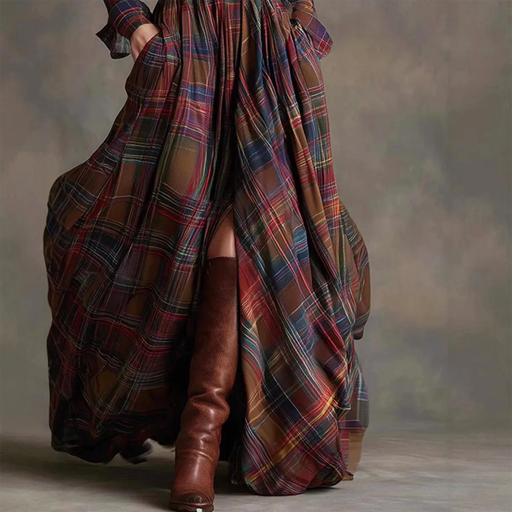 Maxine - Women's Vintage Plaid Belted Maxi Shirt Dress