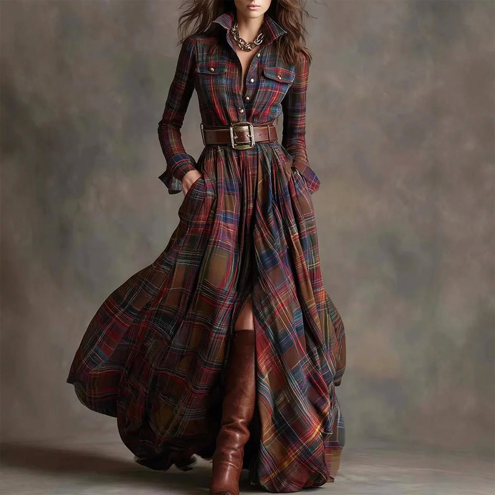 Maxine - Women's Vintage Plaid Belted Maxi Shirt Dress