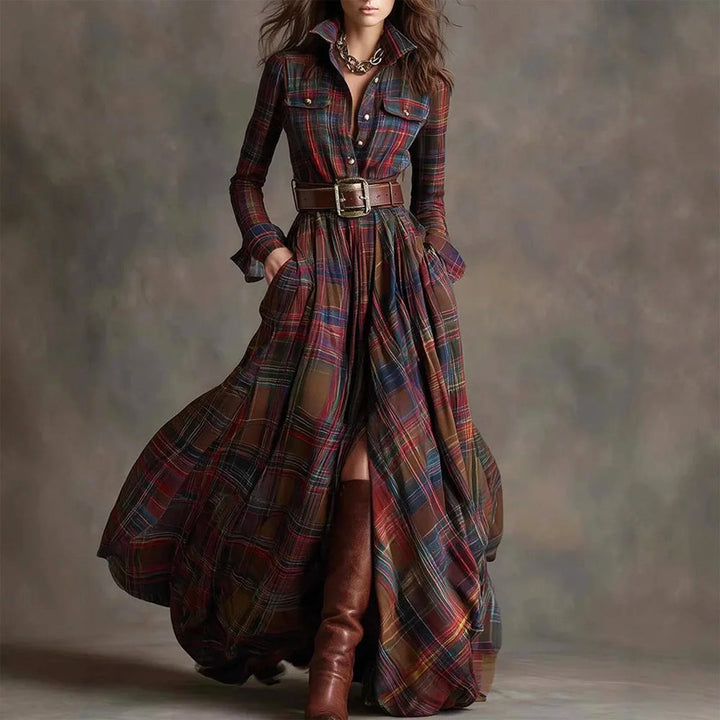 Maxine - Women's Vintage Plaid Belted Maxi Shirt Dress