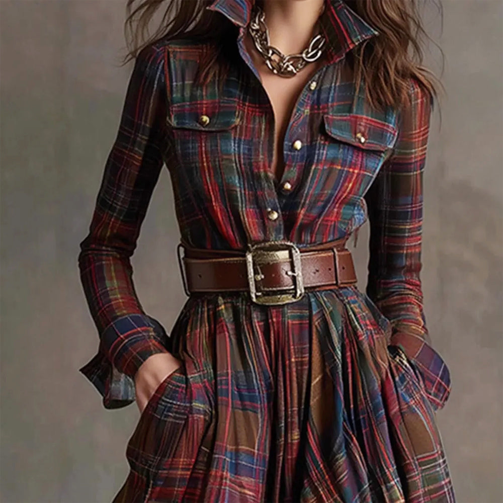 Maxine - Women's Vintage Plaid Belted Maxi Shirt Dress