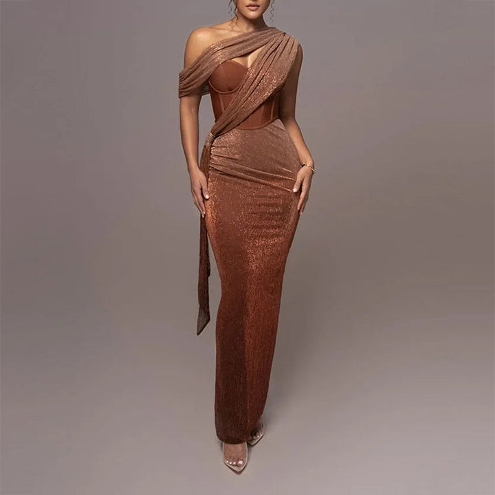 Megan - Women's Shimmer One-Shoulder Draped Maxi Dress