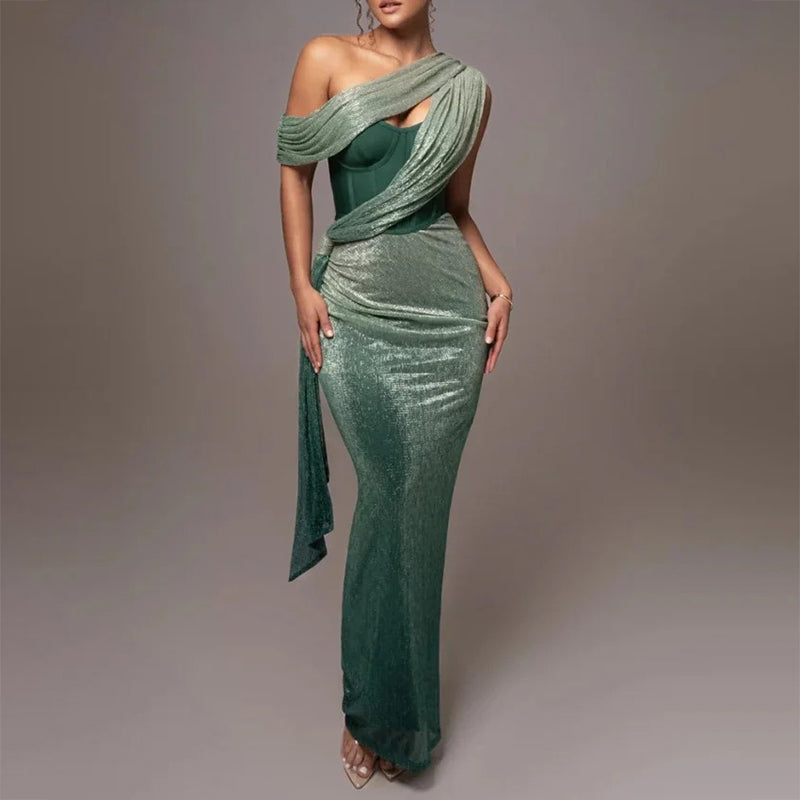 Megan - Women's Shimmer One-Shoulder Draped Maxi Dress