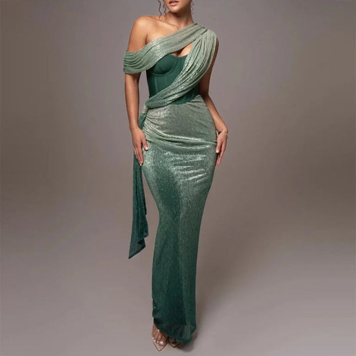 Megan - Women's Shimmer One-Shoulder Draped Maxi Dress
