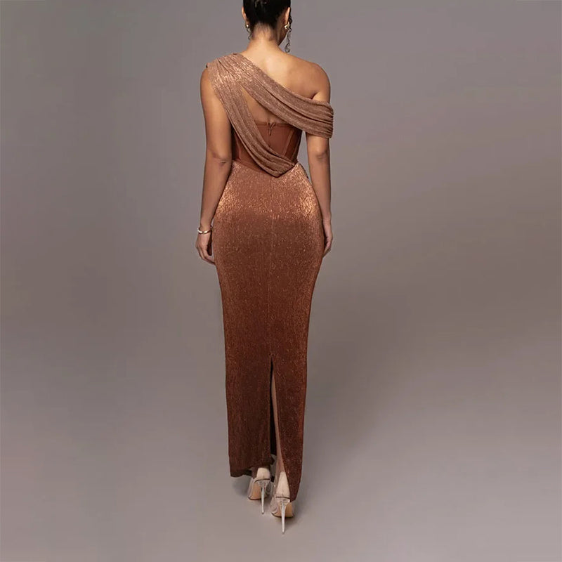Megan - Women's Shimmer One-Shoulder Draped Maxi Dress