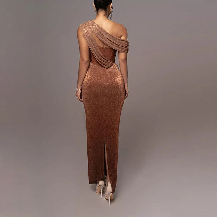 Megan - Women's Shimmer One-Shoulder Draped Maxi Dress