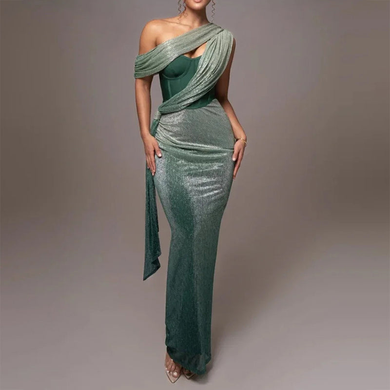 Megan - Women's Shimmer One-Shoulder Draped Maxi Dress