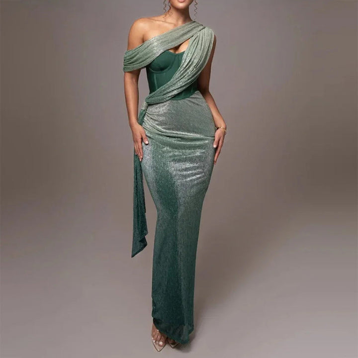 Megan - Women's Shimmer One-Shoulder Draped Maxi Dress