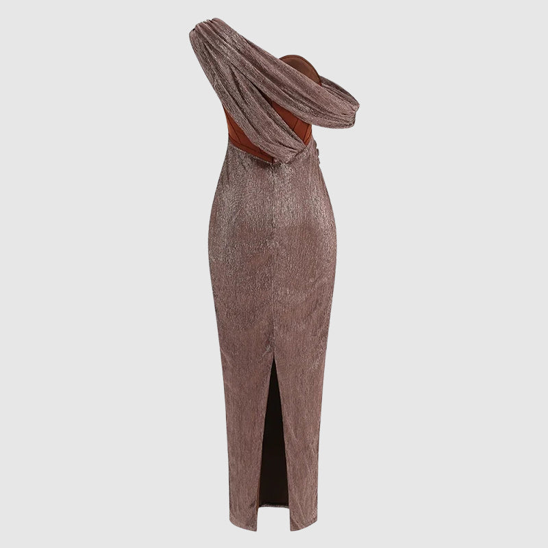 Megan - Women's Shimmer One-Shoulder Draped Maxi Dress