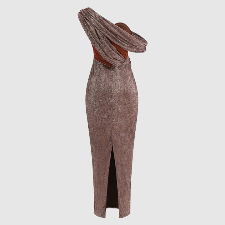 Megan - Women's Shimmer One-Shoulder Draped Maxi Dress