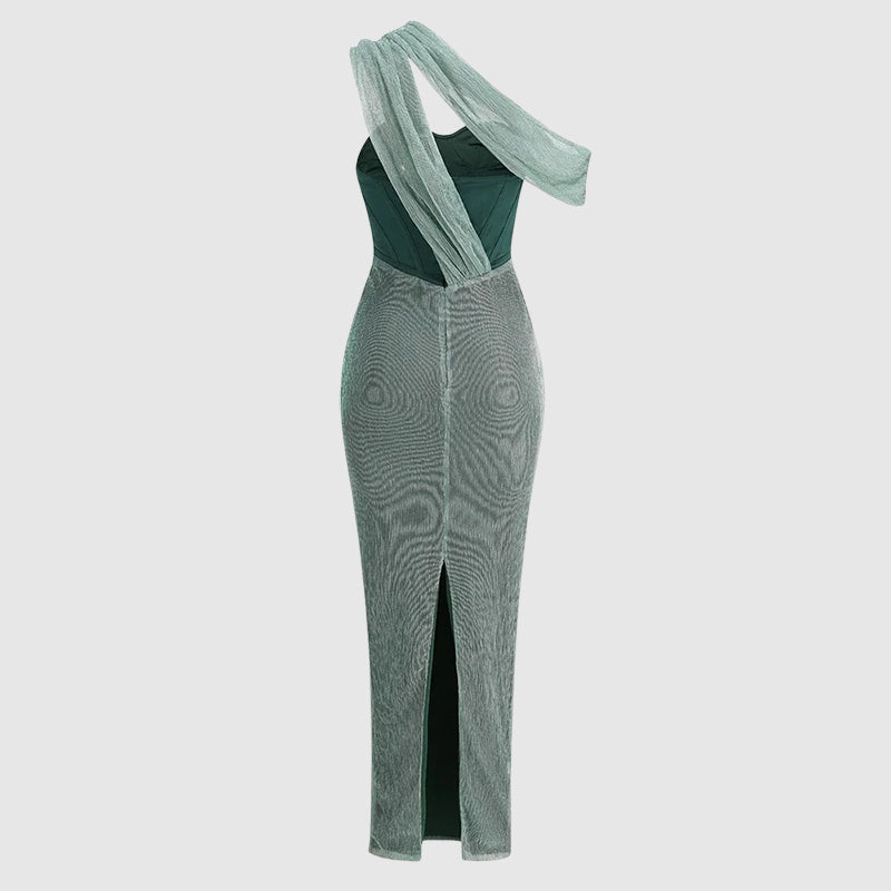 Megan - Women's Shimmer One-Shoulder Draped Maxi Dress