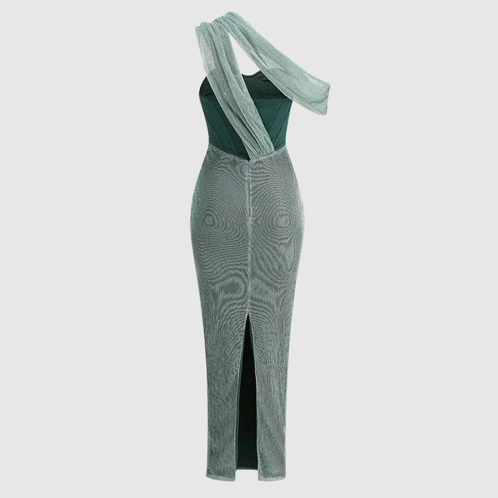 Megan - Women's Shimmer One-Shoulder Draped Maxi Dress