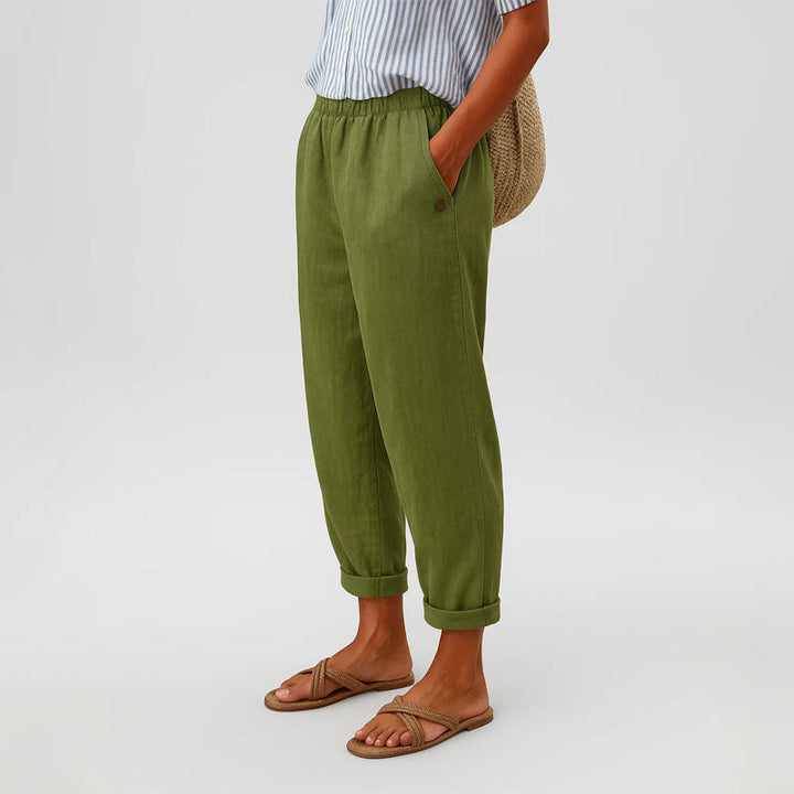 Megan - Women's Tapered Cropped Pants with Button Detail