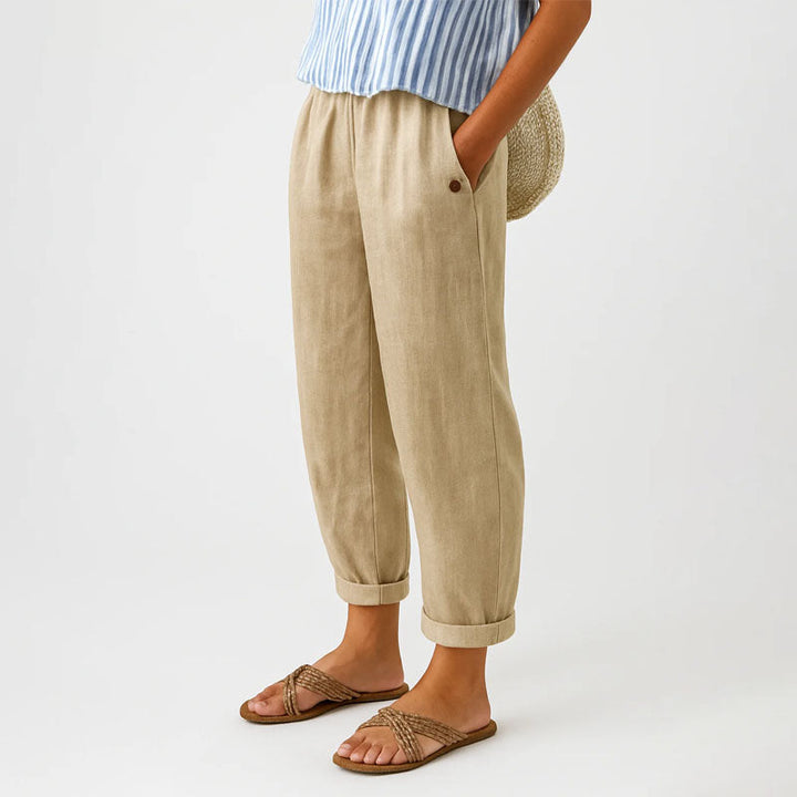 Megan - Women's Tapered Cropped Pants with Button Detail