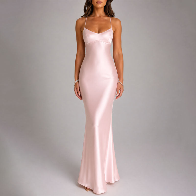Natalie - Women's Satin-Effect Strappy Maxi Dress