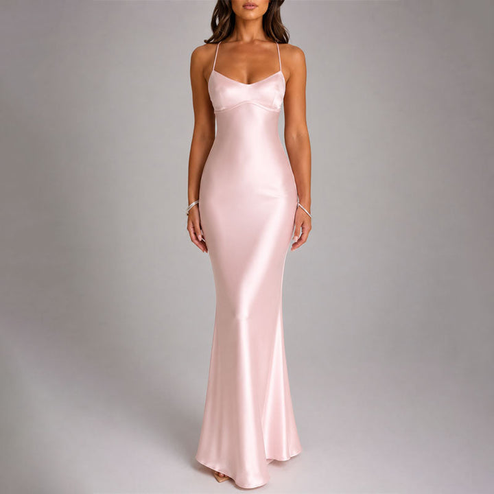 Natalie - Women's Satin-Effect Strappy Maxi Dress