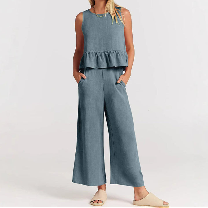 Natalie - Women's Sleeveless Ruffle Top Set