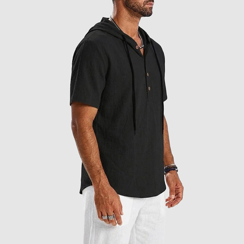 Nolan - Men's Cotton Buttoned Henley Hoodie Shirt