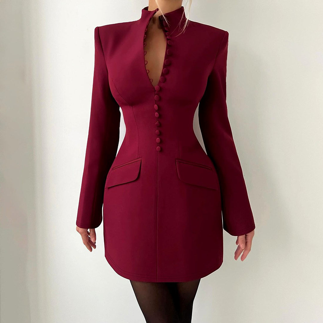 Nora - Women's High Neck Button Blazer Dress