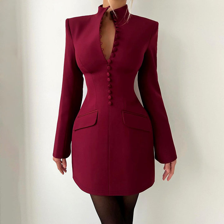 Nora - Women's High Neck Button Blazer Dress
